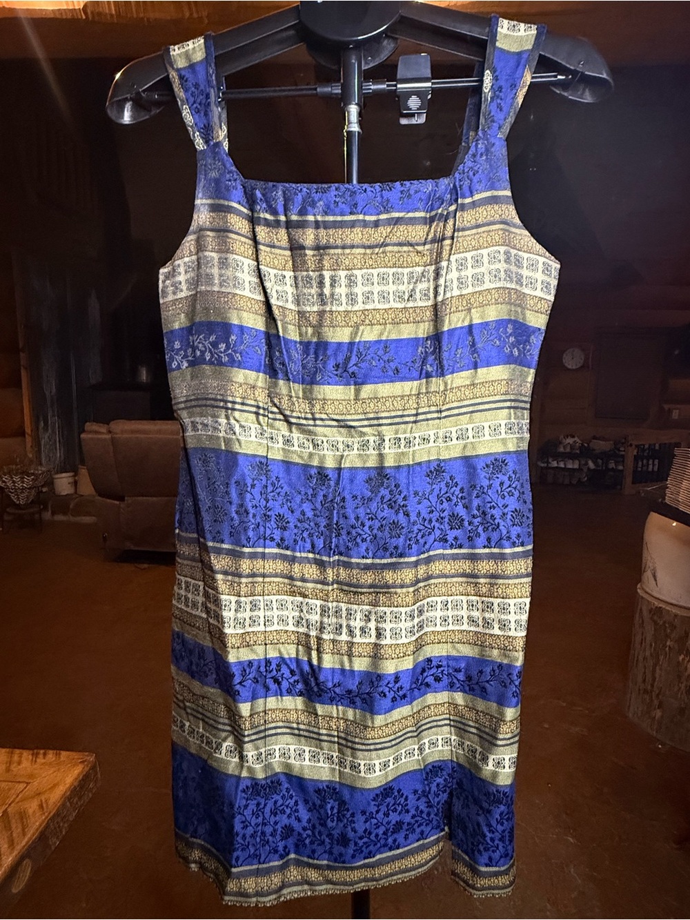 BeSmart Vintage Blue Gold Brocade Dress 9/10 USA Rayon Acetate Sleeveless